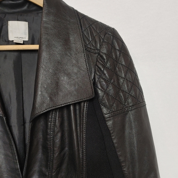 Halogen Quilted Lamb Leather Moto Open Front Jacket Stretch Knit Panel Black S - Picture 6 of 11